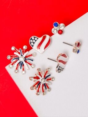 Patriotic Theme 3 Pair Enamel Crystal Stud Earring Set Red White Blue Silver